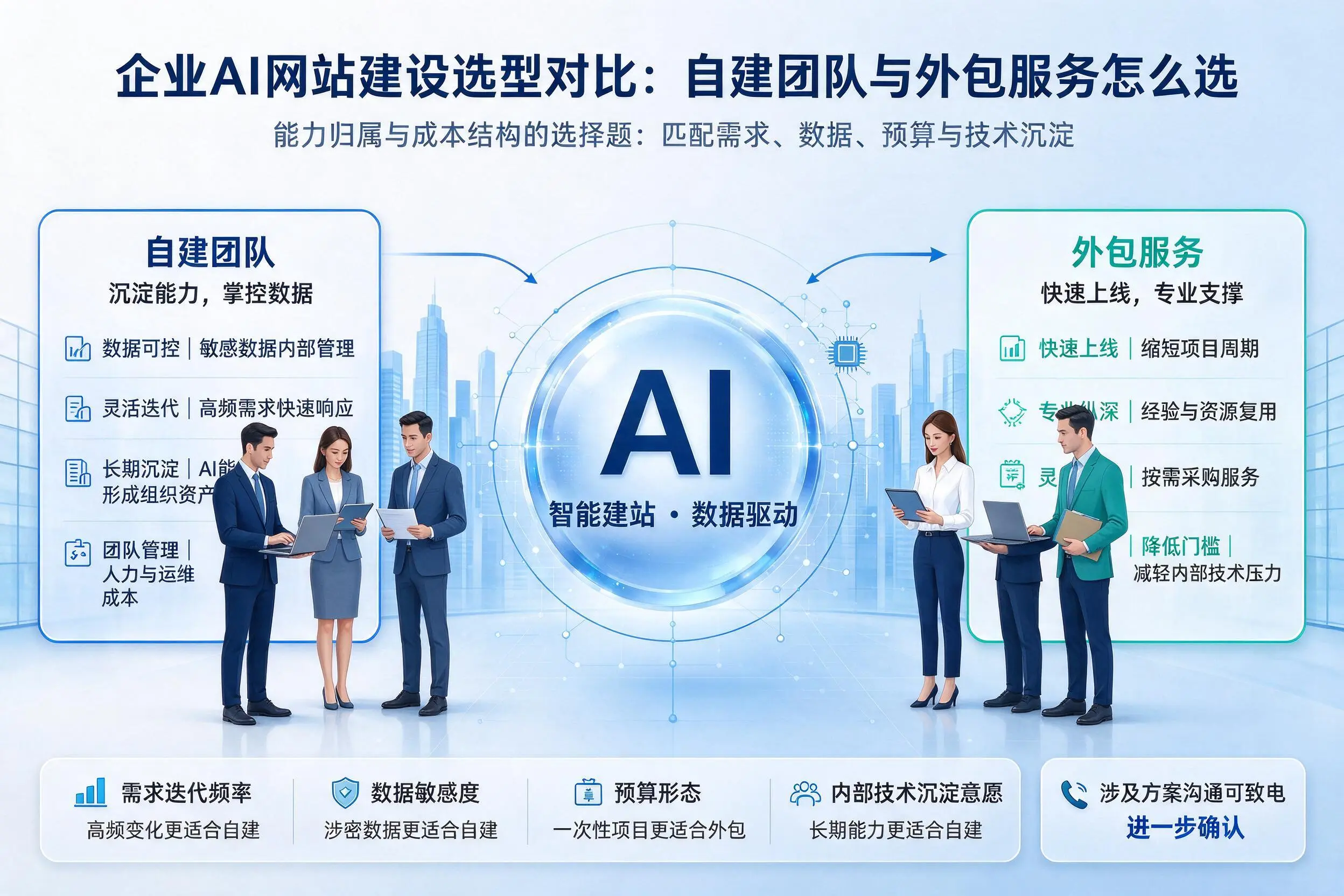 临沂企业AI网站建设选型对比：自建团队与外包服务怎么选